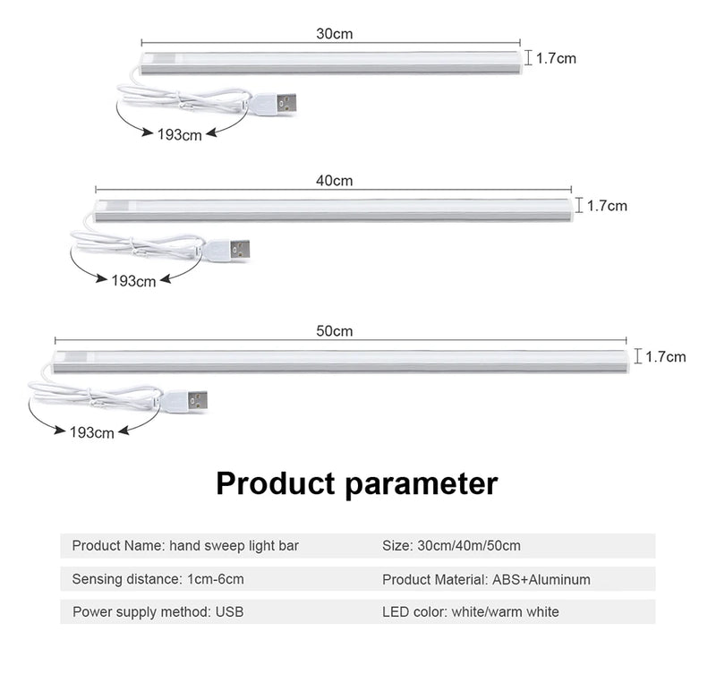 Luz de LED COB em barra USB para instalação sob o gabinete, iluminação interna para cozinha, armário, decoração de quarto, lâmpada noturna com sensor de movimento por gesto