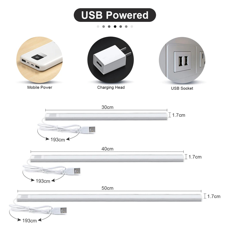 Luz de LED COB em barra USB para instalação sob o gabinete, iluminação interna para cozinha, armário, decoração de quarto, lâmpada noturna com sensor de movimento por gesto